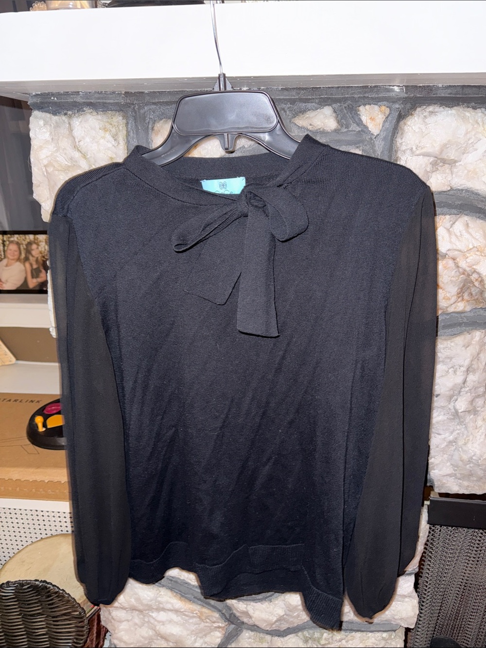 CeCe Black Tie-Neck Long Sleeve Blouse with sheer sleeves— large